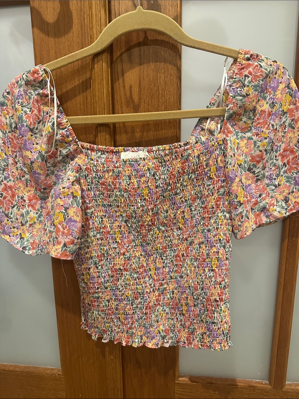 Lush Floral Smocked Pink Multi Off-Shoulder Crop Top - Picture 3 of 7